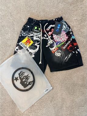Men's Black Graphic Hellstar Shorts with Multicolor Sticker Print FREE SHIPPING